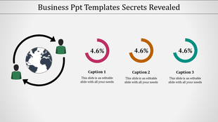 Business PowerPoint template featuring a globe and pie charts to illustrate a business concept with captions.