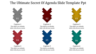 Slide with six vertically stacked arrow blocks in gray, red, yellow, orange, blue, and teal colors with captions below.