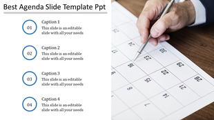 Agenda PowerPoint slide with numbered sections and handwriting on a calendar.