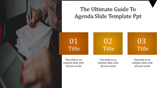 Agenda slide design with three orange boxes labeled 01, 02, and 03, alongside editable captions on a white background.