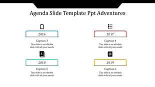 Agenda layout with a timeline for 2016 to 2019, featuring icons above colored labels and captions in two columns.