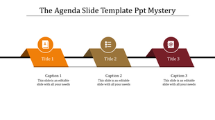 Agenda PowerPoint template with three numbered sections for titles and captions.