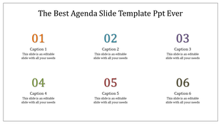 Six agenda numbers in orange, blue, purple, green, red, and gray arranged in two rows with corresponding captions.