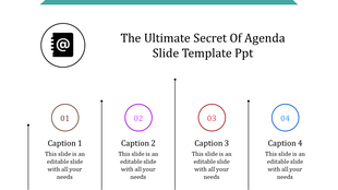 Visual of an agenda template with numbered sections and caption areas in a white background.