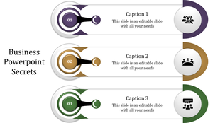 Business layout featuring three steps, each with circular elements, icons, and captions in purple, gold, and green.