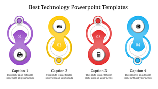 Technology-themed template featuring four vertical elements with rounded shapes, numbered 01 to 04, and paired with captions.