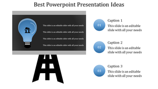 Slide with a blue lightbulb icon on a dark rectangular background, set on an easel with three captions to the right.