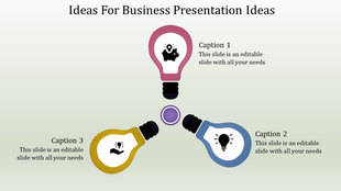 Slide with three colorful lightbulb icons in pink, blue, and yellow, each labeled with captions around a central circle.