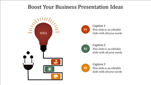 Creative business presentation template with light bulbs and icons for idea generation with captions.
