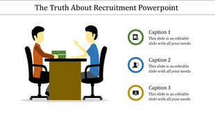 Illustration of two people seated at a desk with circular icons representing recruitment elements for different processes.