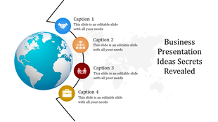 Business infographic featuring a blue globe and four steps with icons for collaboration, organization, meetings, and tasks.