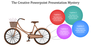 Slide with a brown bicycle featuring a flower basket and four colorful caption circles in red, green, blue, and purple.