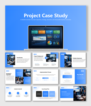 Modern project case study template featuring strategy, workflow, results, lessons learned, and business outcomes. UX.