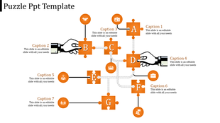 Puzzle diagram with labeled pieces A to G, showcasing icons and captions describing each segment of the process.