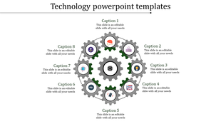 Technology-themed slide displaying a central black gear surrounded by seven gray gears with tech icons and captions areas.