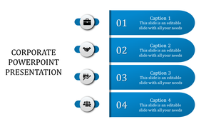 Corporate slide with four horizontal blue segments, each paired with numbered icons and captions.