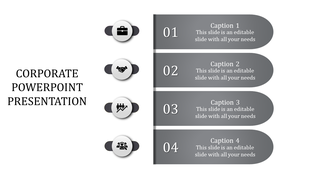 Corporate slide with four horizontal gray segments, each paired with numbered icons and captions.