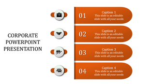 Corporate slide with sequential numbered sections in orange, accompanied by icons and captions areas.