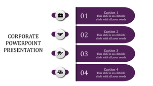 Corporate slide with four horizontal purple segments, each paired with numbered icons and captions.