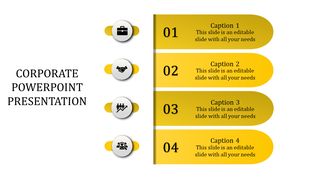 Corporate PPT slide with a yellow design and icons representing business tools, partnerships, teamwork, and leadership.
