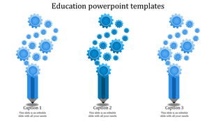 Education themed infographic showing three pencils emitting blue gears, with captions below, on a white background.