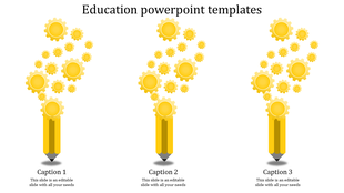 Education PowerPoint template with yellow gears emerging from a pencil, with captions.