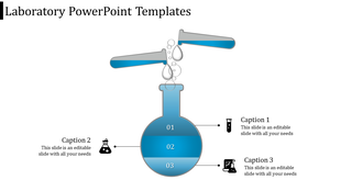 Laboratory themed PowerPoint slide featuring a laboratory flask with captions and icons.