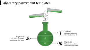 Laboratory themed PowerPoint template featuring a green chemistry flask, pipettes, and captions with science icons.