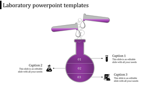Laboratory-themed slide with a purple flask, filled by droplets from two pipettes, and connected to captions.