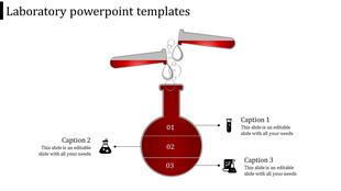 Laboratory slide featuring a red flask divided into three sections with droppers above and captions linked with icons.