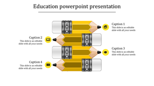 Horizontal layout of four stacked yellow pencils with metallic details, paired with icons and captions for education themes.