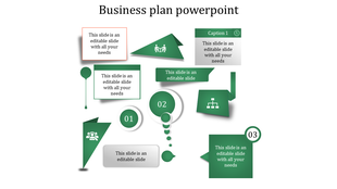 Business presentation design with a mix of geometric shapes in green tones, including numbered circular icons.