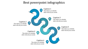 Infographic PowerPoint template with six sections, each represented by an arrow and labeled with captions.