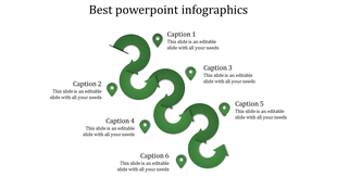 Green infographic PowerPoint slide with six arrows and corresponding captions, illustrating a step by step process.