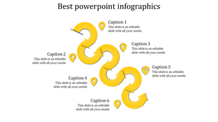 Six interconnected yellow curved arrows forming a flow layout, each linked to location icons and captions.