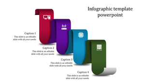 Layered ribbon infographic with four colored sections, showcasing technology-related icons and captions alongside.