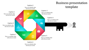 Business infographic featuring an eight-segment multicolored chart with icons, connected to a key and keyhole visual.