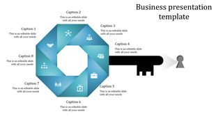 Blue infographic with an octagon shape, featuring eight icons, captions, and a black key element leading to a keyhole.