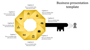 Yellow octagonal infographic with icons and captions, leading to a black key unlocking a keyhole on a white background.