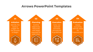 Four orange arrows pointing upward with hexagon icons at the base and evenly spaced on a white background.