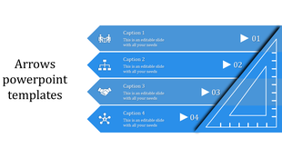 Blue arrows PowerPoint template with four captions, icons, and a triangular ruler design on the right.