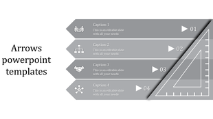 Arrow infographic with four gray segments, icons, captions, and numbered points ending near a triangular ruler graphic.