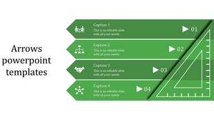 Modern PowerPoint slide with green directional arrows and a triangle graphic for structured and visually appealing content.