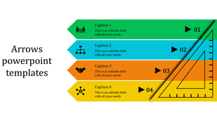 Five multi colour arrows with business icons and captions, converging into a gear illustration showing a running person.