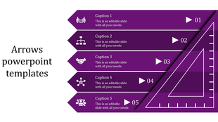 Purple gradient arrows with white text and icons aligned vertically, featuring a triangular scale design on the side.