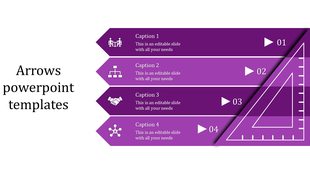 Four purple arrows with icons and numbers, featuring a geometric ruler design on a clean white background.