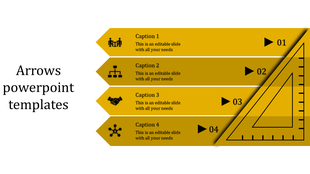 Template with four yellow horizontal arrows feauring icons, captions, and a triangular ruler design on the right.