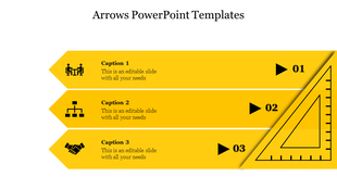 Arrow themed PowerPoint template with a yellow design featuring three captions and a ruler illustration on the right.