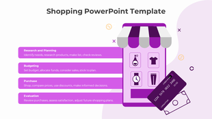 Shopping themed PPT template with steps for research, budgeting, purchasing, and evaluation, featuring a storefront graphic.