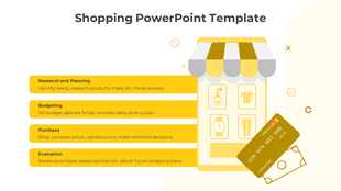 Yellow-toned shopping infographic featuring a phone with products and payment visuals alongside organized shopping phases.